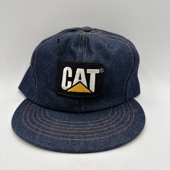 Vintage CAT Caterpillar Denim Trucker Hat Patch Snapback Cap Made In USA
